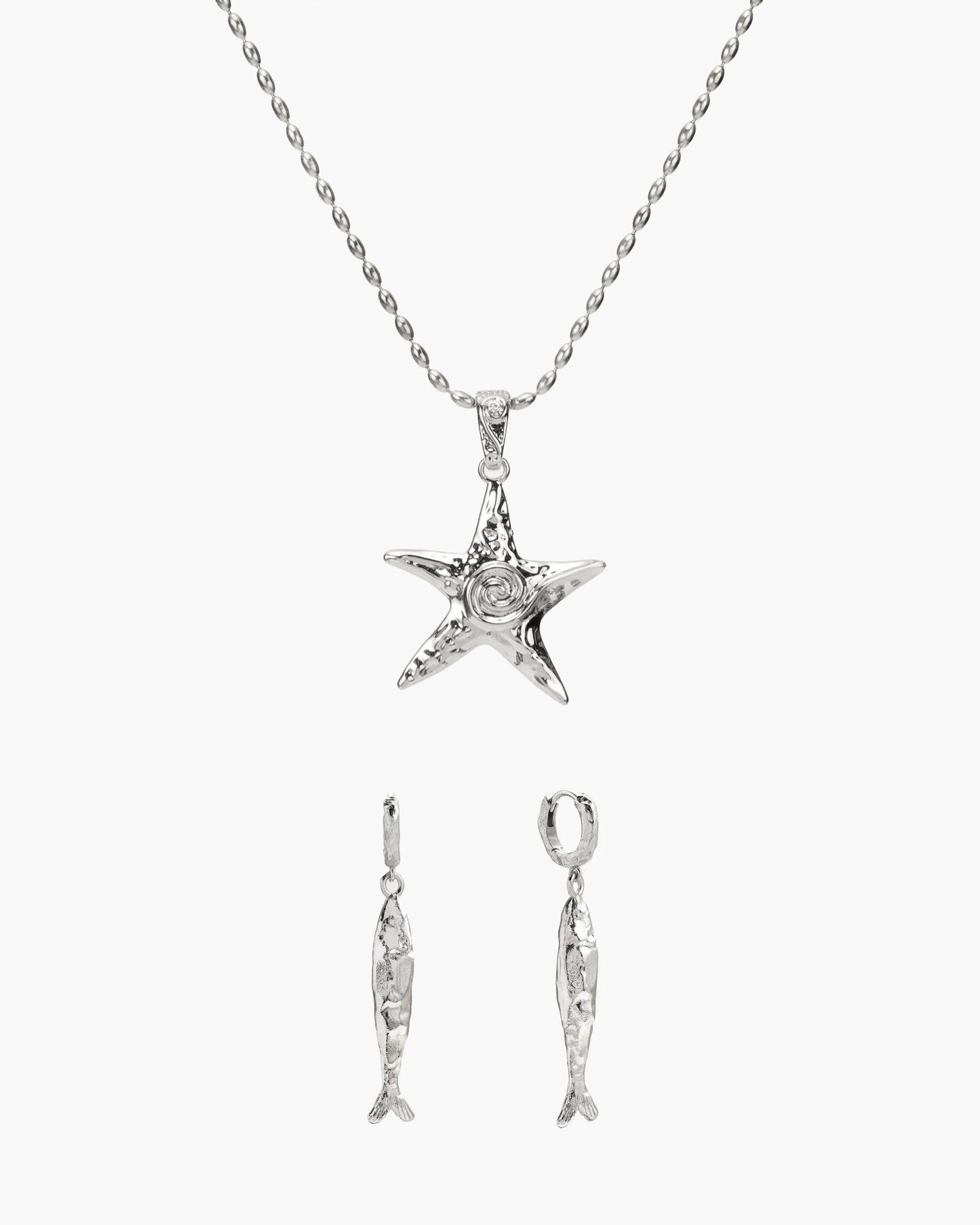 Anchovy Earrings & Starfish Necklace Set in Silver